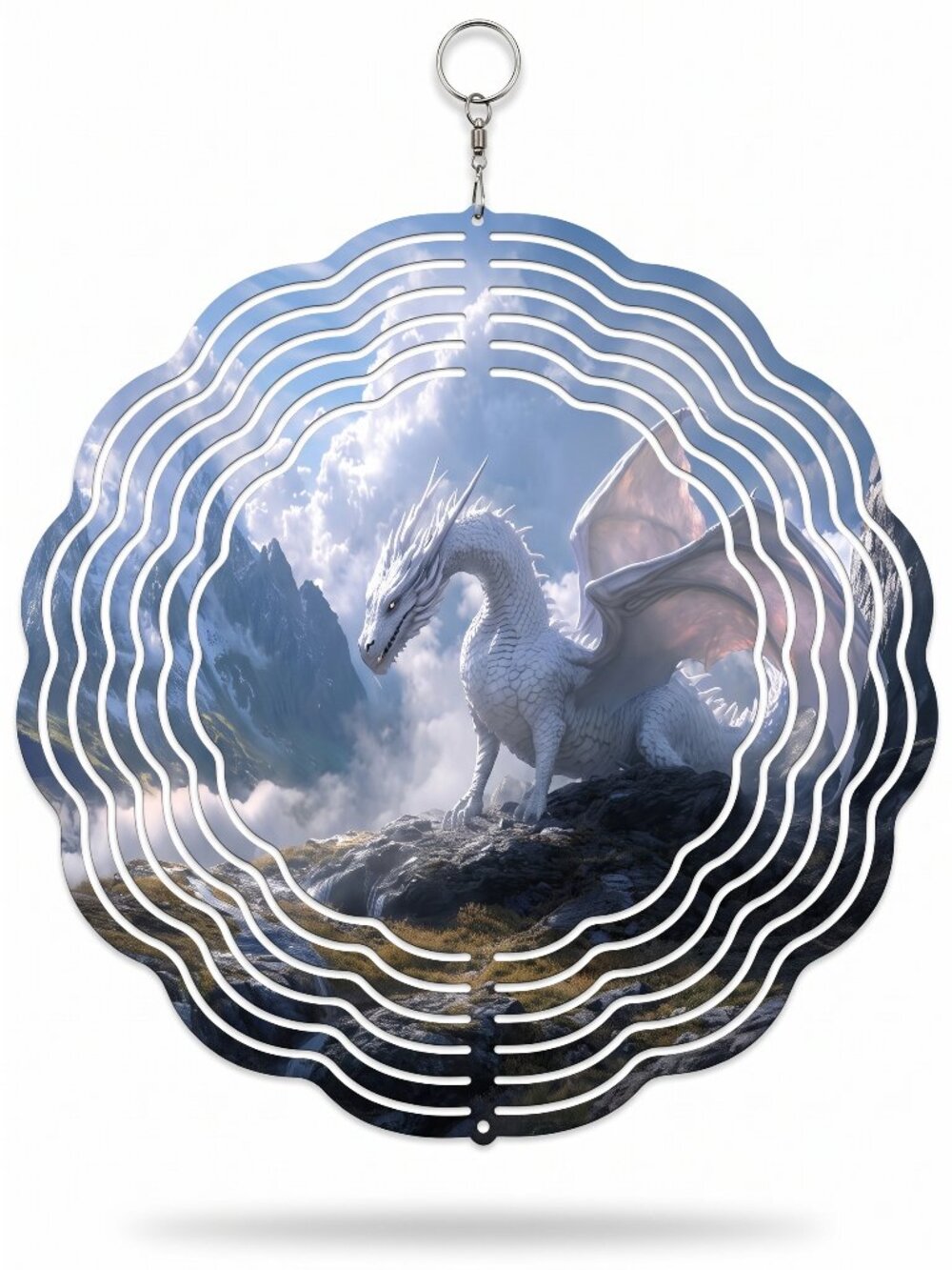 10" White Dragon Mountain Kinetic Wind Spinner - Metal Hanging Yard Decor